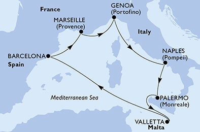 Malta, Španělsko, Francie, Itálie z Valletty na lodi MSC Seaview