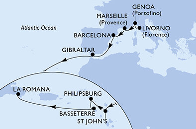 Itálie, Francie, Španělsko, Velká Británie, Antigua a Barbuda, Svatý Martin, Svatý Kryštof a Nevis, Dominikánská republika z Livorna na lodi MSC Opera