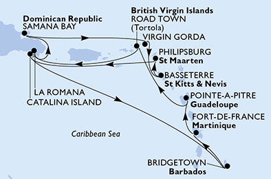 Martinik, Guadeloupe, Britské Panenské ostrovy, Dominikánská republika, Zámořské území Velké Británie, Svatý Kryštof a Nevis, Svatý Martin, Barbados z Fort-de-France, Martinik na lodi MSC Opera
