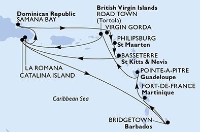 Martinik, Guadeloupe, Britské Panenské ostrovy, Dominikánská republika, Zámořské území Velké Británie, Svatý Martin, Svatý Kryštof a Nevis, Barbados z Fort-de-France, Martinik na lodi MSC Opera
