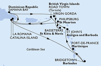 Martinik, Antigua a Barbuda, Britské Panenské ostrovy, Dominikánská republika, Zámořské území Velké Británie, Svatý Kryštof a Nevis, Svatý Martin, Barbados z Fort-de-France, Martinik na lodi MSC Opera
