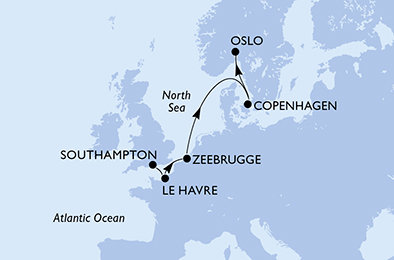 Velká Británie, Francie, Belgie, Dánsko, Norsko ze Southamptonu na lodi MSC Preziosa