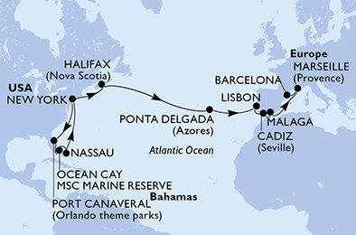 USA, , Bahamy, Kanada, Portugalsko, Španělsko, Francie z New Yorku na lodi MSC Meraviglia