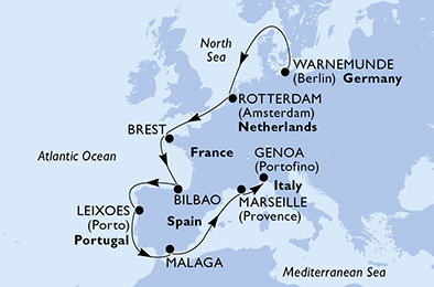 Německo, Nizozemsko, Francie, Španělsko, Portugalsko, Itálie z Warnemünde na lodi MSC Magnifica
