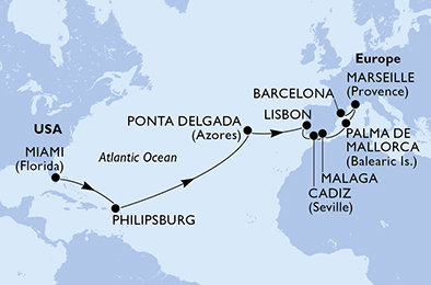 USA, Svatý Martin, Portugalsko, Španělsko, Mallorca, Francie z Miami na lodi MSC Meraviglia