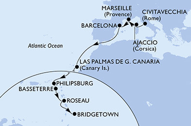 Itálie, Francie, Španělsko, Svatý Martin, Svatý Kryštof a Nevis, Dominika, Barbados z Civitavecchia na lodi MSC Seaview Itálie, Francie, Španělsko, Svatý Martin, Svatý Kryštof a Nevis, Dominika, Barbados z Civitavecchia na lodi MSC Seaview