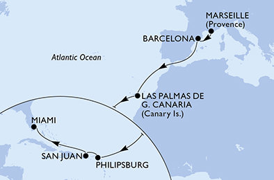 Francie, Španělsko, Svatý Martin, USA z Marseille na lodi MSC Grandiosa Francie, Španělsko, Svatý Martin, USA z Marseille na lodi MSC Grandiosa