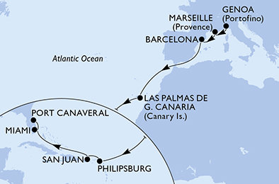 Itálie, Francie, Španělsko, Svatý Martin, USA z Janova na lodi MSC Grandiosa Itálie, Francie, Španělsko, Svatý Martin, USA z Janova na lodi MSC Grandiosa