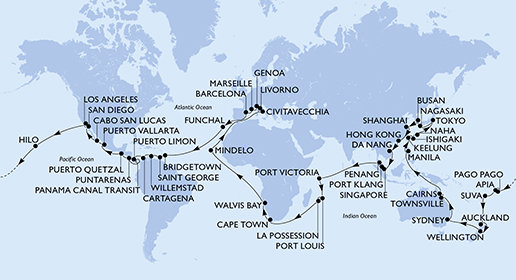 Itálie, Francie, Španělsko, Portugalsko, Barbados, Grenada, Curacao, Kolumbie, Kostarika, Panama, Guatemala, Mexiko, USA, Americká Samoa, Samoa, Fidži, Nový Zéland, Austrálie, Filipíny, Tchaj-wan, Japonsko, Jižní Korea, Čína, Vietnam, Singapur, Malajsie, Seychely, Mauricius, Reunion, Jihoafrická republika, Namibie, Kapverdy z Janova na lodi MSC Magnifica