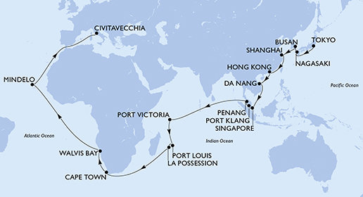 Japonsko, Jižní Korea, Čína, Vietnam, Singapur, Malajsie, Seychely, Mauricius, Reunion, Jihoafrická republika, Namibie, Kapverdy, Itálie z Tokia na lodi MSC Magnifica
