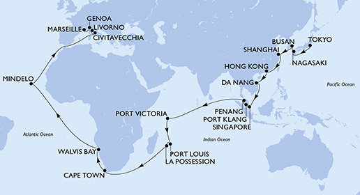 Japonsko, Jižní Korea, Čína, Vietnam, Singapur, Malajsie, Seychely, Mauricius, Reunion, Jihoafrická republika, Namibie, Kapverdy, Itálie, Francie z Tokia na lodi MSC Magnifica