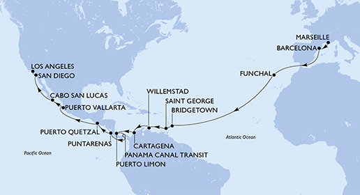 Francie, Španělsko, Portugalsko, Barbados, Grenada, Curacao, Kolumbie, Kostarika, Panama, Guatemala, Mexiko, USA z Marseille na lodi MSC Magnifica