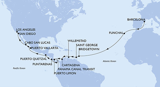 Španělsko, Portugalsko, Barbados, Grenada, Curacao, Kolumbie, Kostarika, Panama, Guatemala, Mexiko, USA z Barcelony na lodi MSC Magnifica