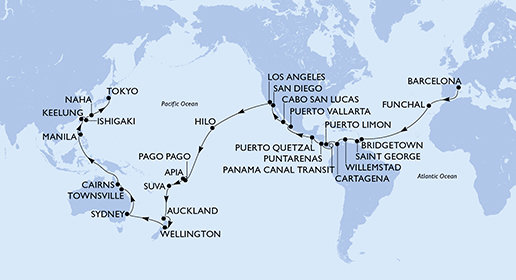 Španělsko, Portugalsko, Barbados, Grenada, Curacao, Kolumbie, Kostarika, Panama, Guatemala, Mexiko, USA, Americká Samoa, Samoa, Fidži, Nový Zéland, Austrálie, Filipíny, Tchaj-wan, Japonsko z Barcelony na lodi MSC Magnifica