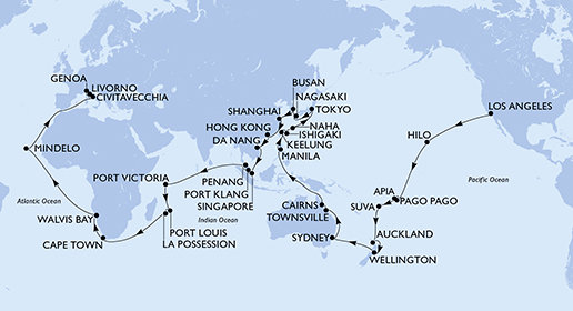 USA, Americká Samoa, Samoa, Fidži, Nový Zéland, Austrálie, Filipíny, Tchaj-wan, Japonsko, Jižní Korea, Čína, Vietnam, Singapur, Malajsie, Seychely, Mauricius, Reunion, Jihoafrická republika, Namibie, Kapverdy, Itálie na lodi MSC Magnifica