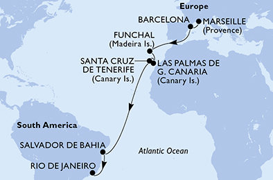 Francie, Španělsko, Portugalsko, Brazílie z Marseille na lodi MSC Virtuosa