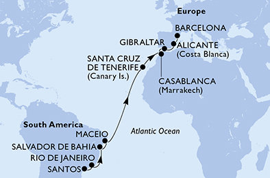 Brazílie, Španělsko, Maroko, Velká Británie ze Santosu na lodi MSC Divina Brazílie, Španělsko, Maroko, Velká Británie ze Santosu na lodi MSC Divina