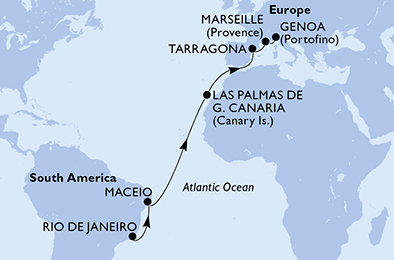 Brazílie, Španělsko, Francie, Itálie z Rio de Janeira na lodi MSC Musica