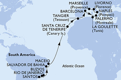 Brazílie, Španělsko, Maroko, Tunisko, Itálie, Francie ze Santosu na lodi MSC Virtuosa Brazílie, Španělsko, Maroko, Tunisko, Itálie, Francie ze Santosu na lodi MSC Virtuosa