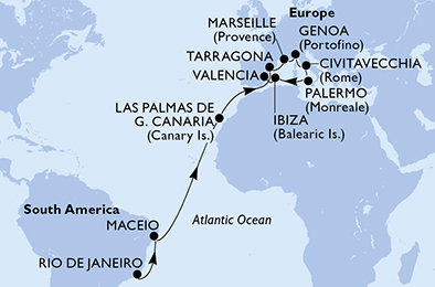 Brazílie, Španělsko, Francie, Itálie z Rio de Janeira na lodi MSC Musica