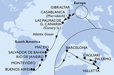Itálie, Malta, Španělsko, Velká Británie, Maroko, Brazílie, Uruguay, Argentina z Cagliari na lodi MSC Splendida Itálie, Malta, Španělsko, Velká Británie, Maroko, Brazílie, Uruguay, Argentina z Cagliari na lodi MSC Splendida
