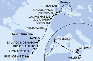 Itálie, Malta, Španělsko, Velká Británie, Maroko, Brazílie, Uruguay, Argentina z Palerma na lodi MSC Splendida Itálie, Malta, Španělsko, Velká Británie, Maroko, Brazílie, Uruguay, Argentina z Palerma na lodi MSC Splendida