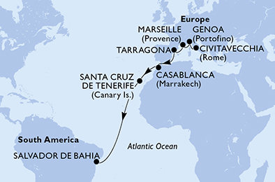 Itálie, Francie, Španělsko, Maroko, Brazílie z Civitavecchia na lodi MSC Musica