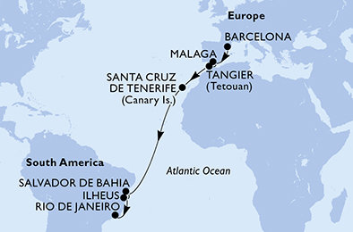 Španělsko, Maroko, Brazílie z Barcelony na lodi MSC Lirica