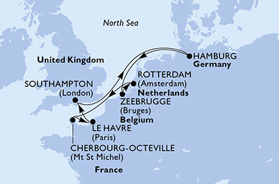 Nizozemsko, Francie, Velká Británie, Německo, Belgie z Rotterdamu na lodi MSC Preziosa