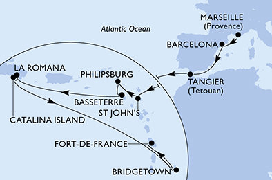 Francie, Španělsko, Maroko, Antigua a Barbuda, Svatý Martin, Svatý Kryštof a Nevis, Dominikánská republika, Barbados, Martinik z Marseille na lodi MSC Opera Francie, Španělsko, Maroko, Antigua a Barbuda, Svatý Martin, Svatý Kryštof a Nevis, Dominikánská republika, Barbados, Martinik z Marseille na lodi MSC Opera