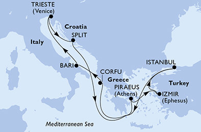 Itálie, Chorvatsko, Řecko, Turecko z Bari na lodi MSC Splendida