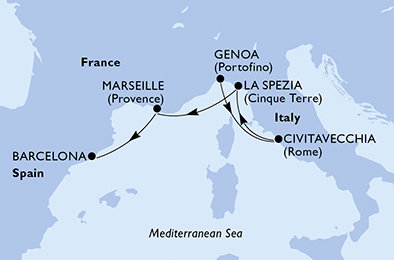 Itálie, Francie, Španělsko z Janova na lodi MSC World Europa