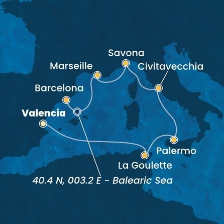 Španělsko, Tunisko, Itálie, Francie z Valencie na lodi Costa Pacifica