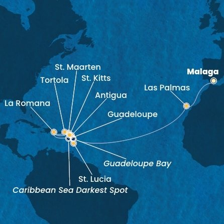 Španělsko, Guadeloupe, Svatý Martin, Dominikánská republika, Svatá Lucie, Antigua a Barbuda, Svatý Kryštof a Nevis, Britské Panenské ostrovy z Málagy na lodi Costa Fascinosa