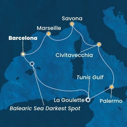 Španělsko, Tunisko, Itálie, Francie z Barcelony na lodi Costa Smeralda