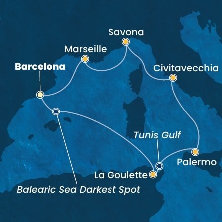 Španělsko, Tunisko, Itálie, Francie z Barcelony na lodi Costa Smeralda