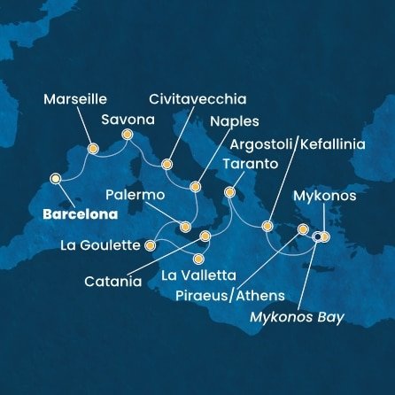 Španělsko, Francie, Itálie, Tunisko, Malta, Řecko z Barcelony na lodi Costa Fascinosa