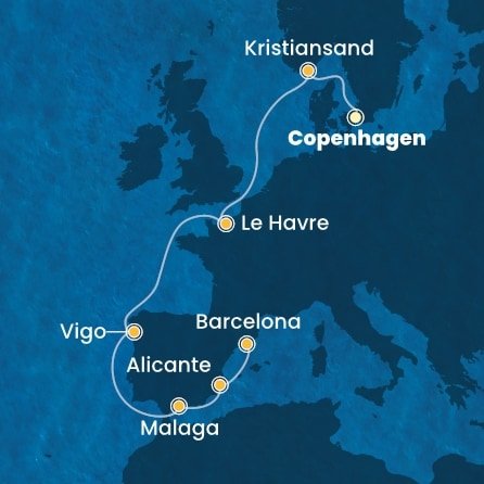 Dánsko, Norsko, Francie, Španělsko z Kodaně na lodi Costa Diadema