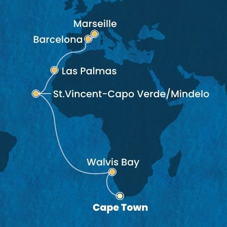 Jihoafrická republika, Namibie, Kapverdy, Španělsko, Francie z Kapského Města na lodi Costa Deliziosa