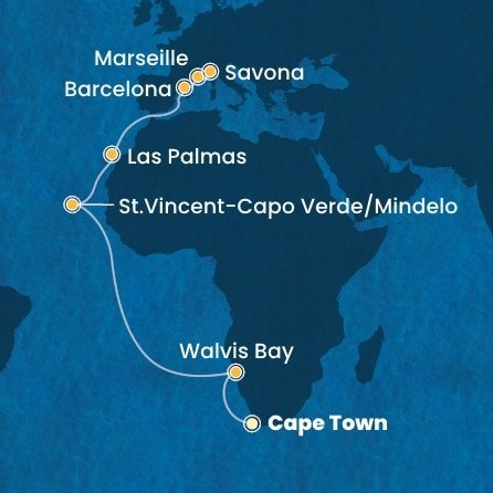 Jihoafrická republika, Namibie, Kapverdy, Španělsko, Francie, Itálie z Kapského Města na lodi Costa Deliziosa