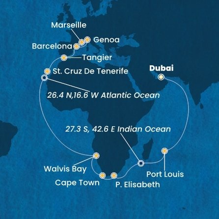 Spojené arabské emiráty, Mauricius, Jihoafrická republika, Namibie, Španělsko, Maroko, Itálie, Francie z Dubaje na lodi Costa Smeralda