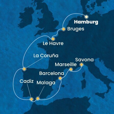 Německo, Belgie, Francie, Španělsko, Itálie z Hamburku na lodi Costa Favolosa