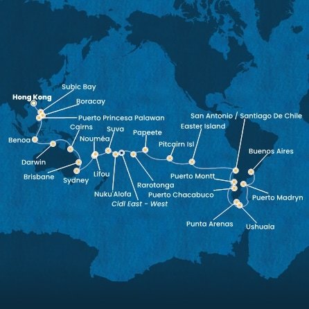 Čína, Filipíny, Indonésie, Austrálie, Nová Kaledonie, Fidži, Tonga, , Cookovy ostrovy, Francouzská Polynésie, Zámořské území Velké Británie, Chile, Argentina z Hong Kongu na lodi Costa Serena