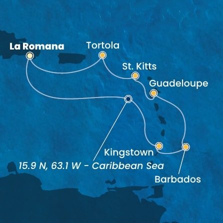 Dominikánská republika, Svatý Vincenc a Grenadiny, Barbados, Guadeloupe, Svatý Kryštof a Nevis, Britské Panenské ostrovy z La Romany na lodi Costa Pacifica