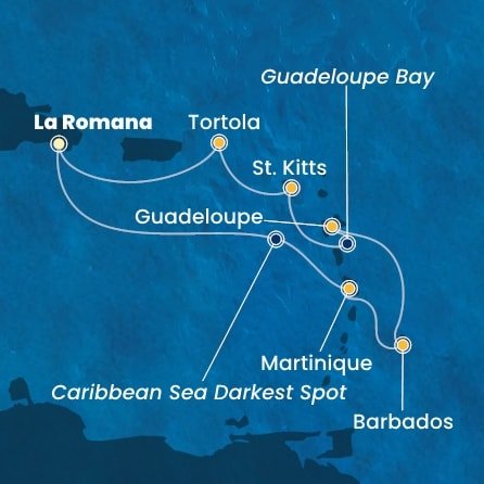 Dominikánská republika, Martinik, Barbados, Guadeloupe, Svatý Kryštof a Nevis, Britské Panenské ostrovy z La Romany na lodi Costa Fascinosa