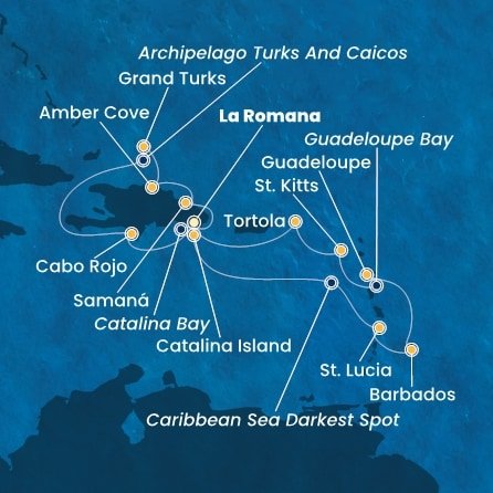 Dominikánská republika, Svatá Lucie, Barbados, Guadeloupe, Svatý Kryštof a Nevis, Britské Panenské ostrovy, Zámořské území Velké Británie z La Romany na lodi Costa Fascinosa