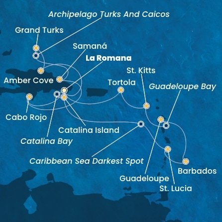 Dominikánská republika, Svatá Lucie, Barbados, Guadeloupe, Svatý Kryštof a Nevis, Britské Panenské ostrovy, Zámořské území Velké Británie z La Romany na lodi Costa Pacifica