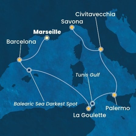 Francie, Španělsko, Tunisko, Itálie z Marseille na lodi Costa Smeralda