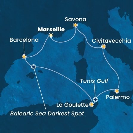 Francie, Španělsko, Tunisko, Itálie z Marseille na lodi Costa Smeralda