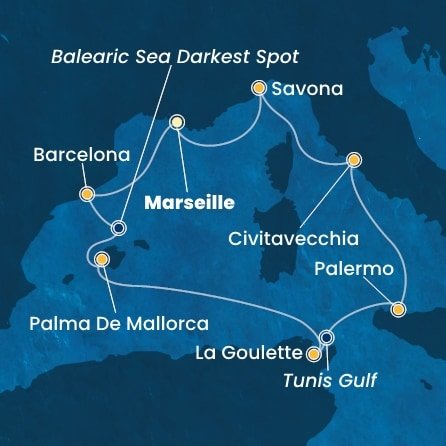Francie, Španělsko, Tunisko, Itálie z Marseille na lodi Costa Toscana